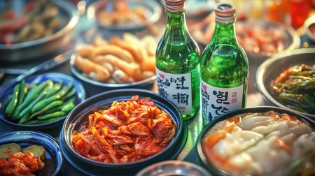 Two soju bottles and assorted Korean side dishes like spicy kimchi, spinach, and pickles on a vibrant table setting.の素材