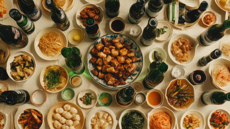 Table filled with traditional Korean side dishes and soju bottles, showcasing the colorful and authentic flavors of Korean cuisine.の素材