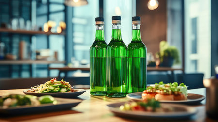 Traditional green soju bottles next to small plates of Korean side dishes, featuring bold flavors and vibrant colors in a cozy setting.の素材