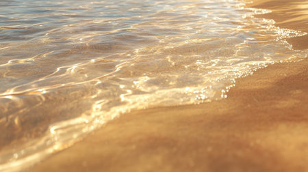 Sunlit tropical beach with clear, shallow water lapping at the golden shore under the warm sun.の素材