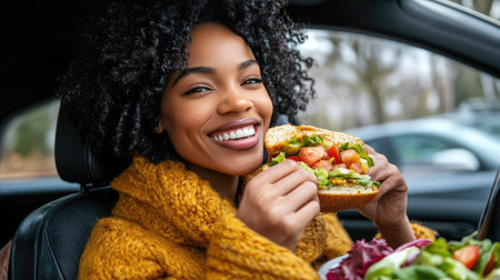 Woman eating a homemade sandwich with salad beside her while sitting in her car, enjoying a quick meal on a busy day.の素材