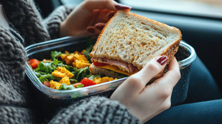 Woman in the car taking a bite of a sandwich, with salad in a container nearby, showing a homemade lunch on the go.の素材