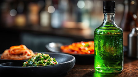 Traditional green soju bottles next to small plates of Korean side dishes, featuring bold flavors and vibrant colors in a cozy setting.の素材