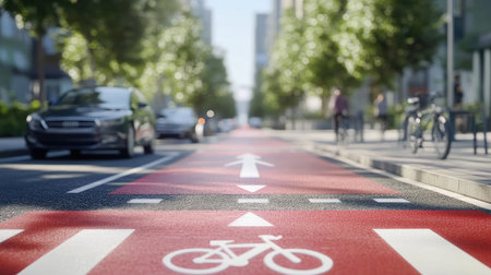 Well-marked one-way bike lane, showing bike icon and direction arrow, with surrounding pavement in clear detail.の素材
