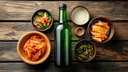 Traditional green soju bottle with colorful Korean side dishes, featuring bright red kimchi and pickled vegetables on a wooden table.の素材
