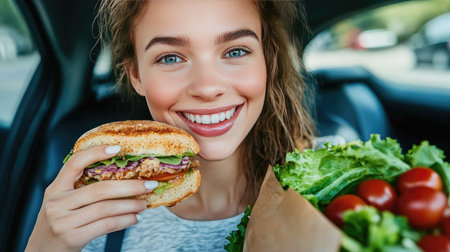 Woman in a car, eating a homemade sandwich with one hand, with a fresh salad resting on the passenger seat.の素材