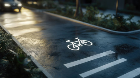Well-marked one-way bike lane, showing bike icon and direction arrow, with surrounding pavement in clear detail.の素材