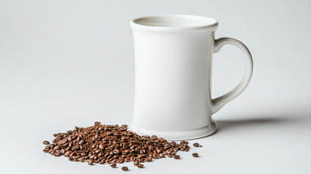 White coffee mug with ground coffee beans placed nearby on a clean white background, capturing the simple essence of coffee.の素材