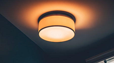 A ceiling fixture casting warm light in a dim room, with shadows forming a moody, cozy atmosphere in the dark.の素材