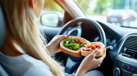 Woman eating a homemade sandwich with a small salad on the seat beside her, a natural everyday scene in the car.の素材