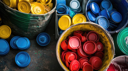 An assortment of recyclable materials tin cans and colorful plastic bottle caps, ready for an eco-friendly sorting process.の素材