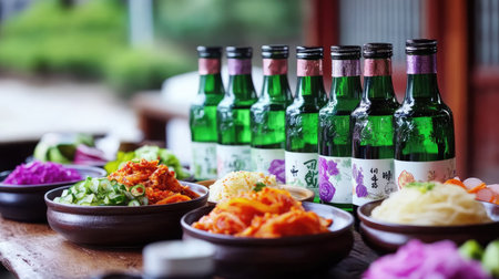 Korean dining setup with soju bottles and colorful side dishes, including kimchi, pickled radish, and seasoned vegetables on a rustic tabletop.の素材