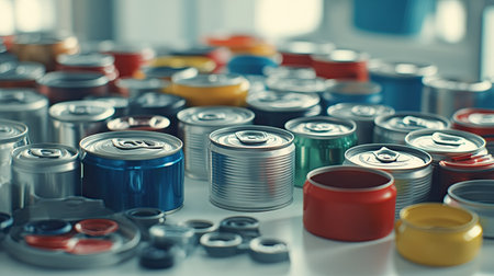 Assorted metal cans and plastic bottle caps displayed on a white table, ready for recycling, promoting environmental responsibility.の素材