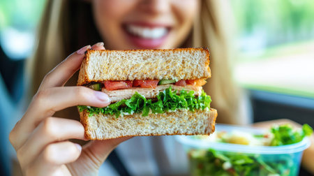 Woman taking a bite of her homemade sandwich in the car, with a salad container beside her on the console.の素材