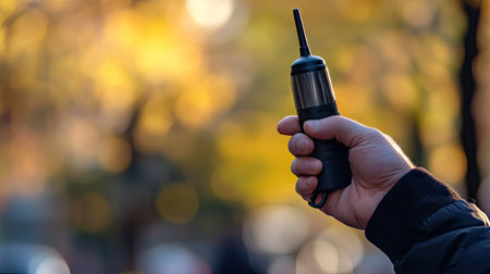 A hand holding a walkie-talkie against a blurred outdoor background, highlighting the readiness for clear and efficient communication.の素材