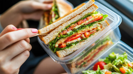 Woman in the car taking a bite of a sandwich, with salad in a container nearby, showing a homemade lunch on the go.の素材