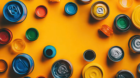 A recycling setup featuring colorful plastic caps and tin cans arranged on a bright background, promoting waste reduction.の素材