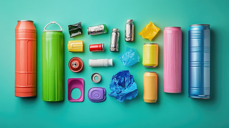 A recycling setup featuring colorful plastic caps and tin cans arranged on a bright background, promoting waste reduction.の素材