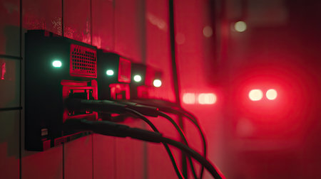 A row of cables plugged into a switch router, LED lights active on each port, showing strong, high-speed network connections.の素材