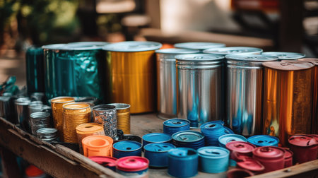 Close-up of colorful plastic bottle caps and tin cans arranged on a table, ready for recycling in an organized and eco-friendly setup.の素材
