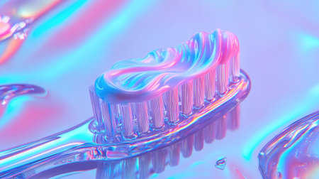 A transparent toothbrush with toothpaste swirled on its bristles, photographed against a soft-focus background, capturing freshness.の素材