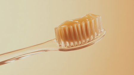 A small amount of toothpaste on a transparent toothbrush, close-up against a soft background, emphasizing cleanliness and daily care.の素材