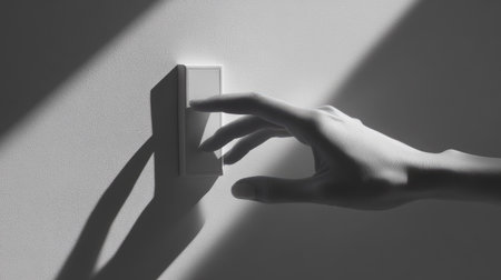 Close-up of a hand reaching to turn off a light switch, with fingers delicately positioned over the switch in a clean, minimalist setting.の素材