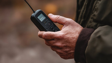 Close-up of a hand gripping a walkie-talkie, with fingers on the button, set against a neutral background, ready for communication.の素材