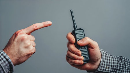 Close-up of a hand with walkie-talkie, thumb pressing talk button, emphasizing reliable, quick communication on a neutral background.の素材