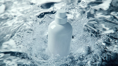 A sleek cream bottle mockup encircled by water splashes, emphasizing hydration and purity in an eye-catching composition.の素材