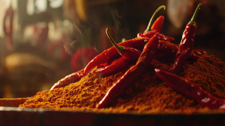 Bright red chili peppers on a mound of crushed chili powder, creating a rustic, spicy look with rich textures.の素材