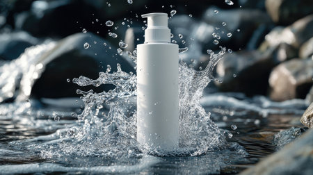 Cream bottle mockup encircled by splashing water, with glistening droplets representing purity, hydration, and freshness.の素材