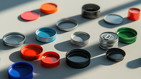 Eco-friendly arrangement of tin cans and plastic bottle caps on a neutral surface, symbolizing sustainable waste disposal.の素材