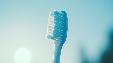 Blue and white toothpaste on a transparent toothbrush, with bristles in focus against a light background for a clean, fresh look.の素材
