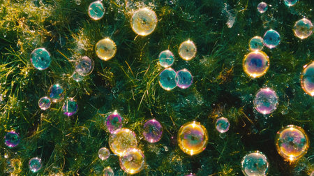 Cluster of soap bubbles with rainbow hues on a sunny day, with a green background for a magical, joyful look.の素材