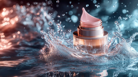 Cream bottle mockup surrounded by crystal-clear water splashes, highlighting freshness, hydration, and beauty.の素材