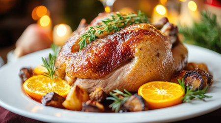 Crispy roasted duck with caramelized skin, plated with garnishes of green herbs, orange slices, and roasted vegetables, in a fine dining setup.の素材