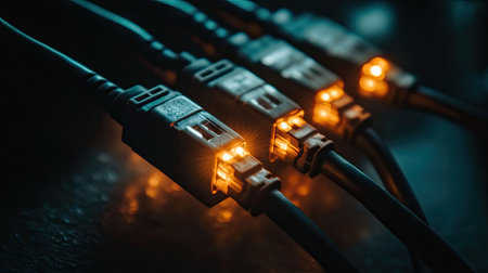 Cables plugged into a network switch router, with LED lights flashing to indicate high-speed, reliable connectivity in a data center.の素材