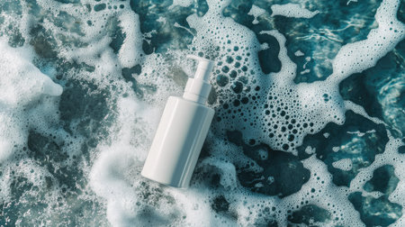 Cream bottle mockup surrounded by dynamic, clear water splashes, creating an invigorating and refreshing effect.の素材