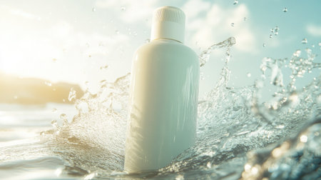 Cream bottle mockup surrounded by clear water splashes, capturing a refreshing look with droplets glistening in motion.の素材