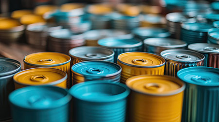 Close-up of colorful plastic bottle caps and tin cans arranged on a table, ready for recycling in an organized and eco-friendly setup.の素材