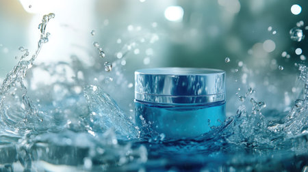 Cream bottle mockup surrounded by crystal-clear water splashes, highlighting freshness, hydration, and beauty.の素材