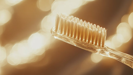 Close-up of transparent toothbrush with toothpaste, soft-focus background highlighting freshness and the simplicity of oral hygiene.の素材