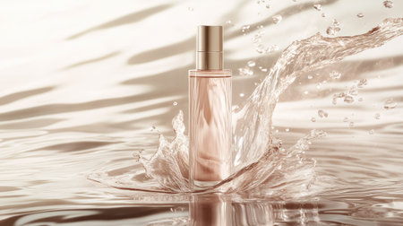 Dynamic water splash around a clean, sleek cream bottle mockup, emphasizing hydration and a luxurious sense of freshness.の素材