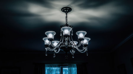 Cozy glow from a ceiling fixture in darkness, with soft shadows on the ceiling creating a serene and inviting scene.の素材