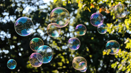 Colorful soap bubbles drifting in front of a blurred background, highlighting their delicate and ethereal appearance.の素材