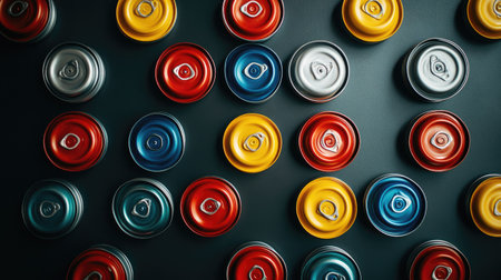 Eco-friendly layout with tin cans and bright plastic caps for recycling, arranged to highlight waste management and sustainable practices.の素材