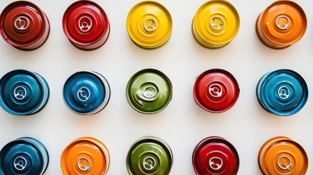 Eco-friendly layout with tin cans and bright plastic caps for recycling, arranged to highlight waste management and sustainable practices.の素材