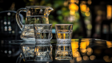 Elegant glass jug and glasses filled with water on a reflective surface, capturing light and creating a serene, refreshing atmosphere.の素材