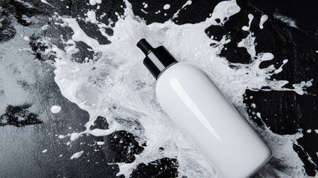 Fresh water splash surrounding a minimalist cream bottle mockup, creating a dynamic, refreshing, and hydrating scene.の素材